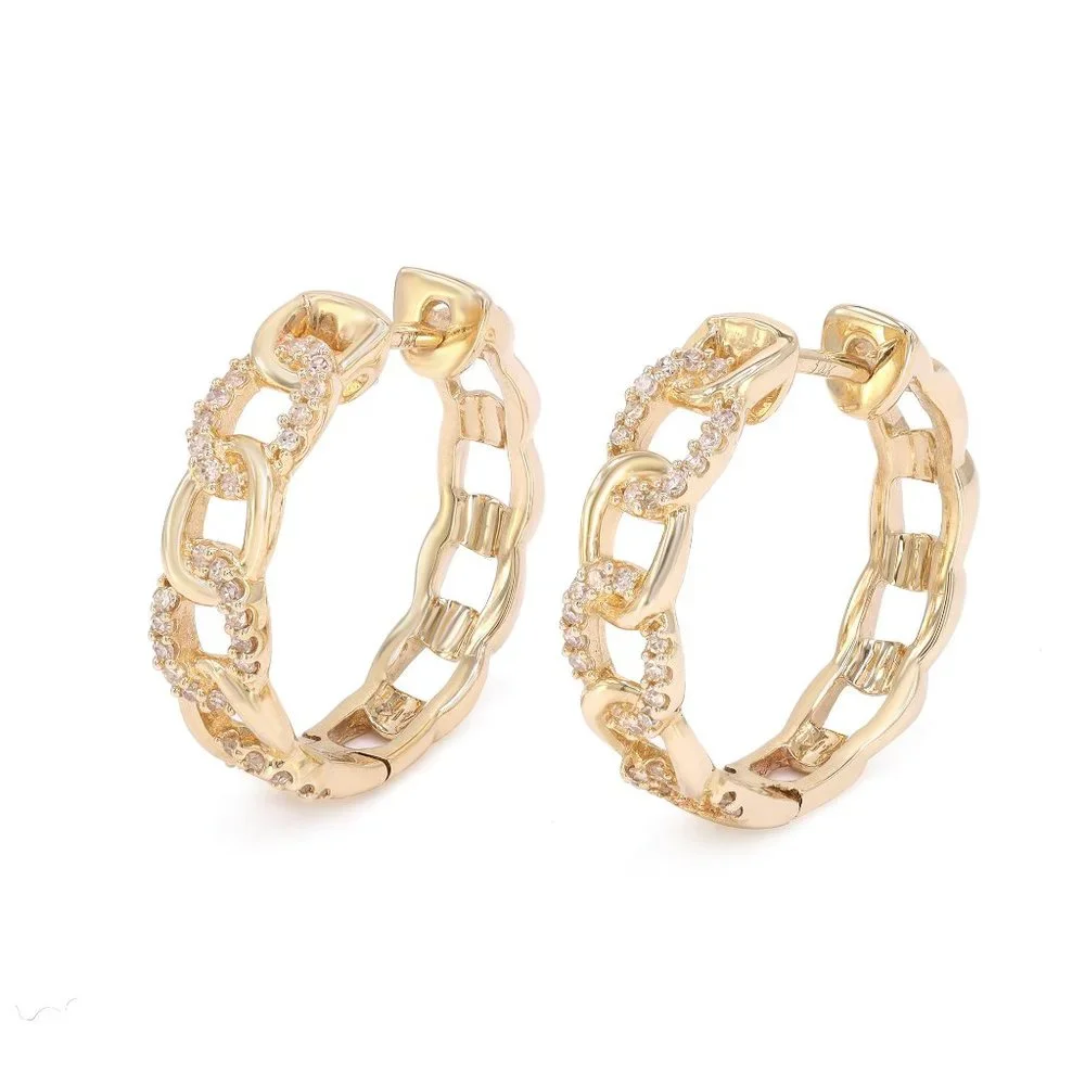 Rachel Koen Chain Link Diamond Huggie Earrings 14K Yellow Gold 0.187cttw - Picture 3 of 4